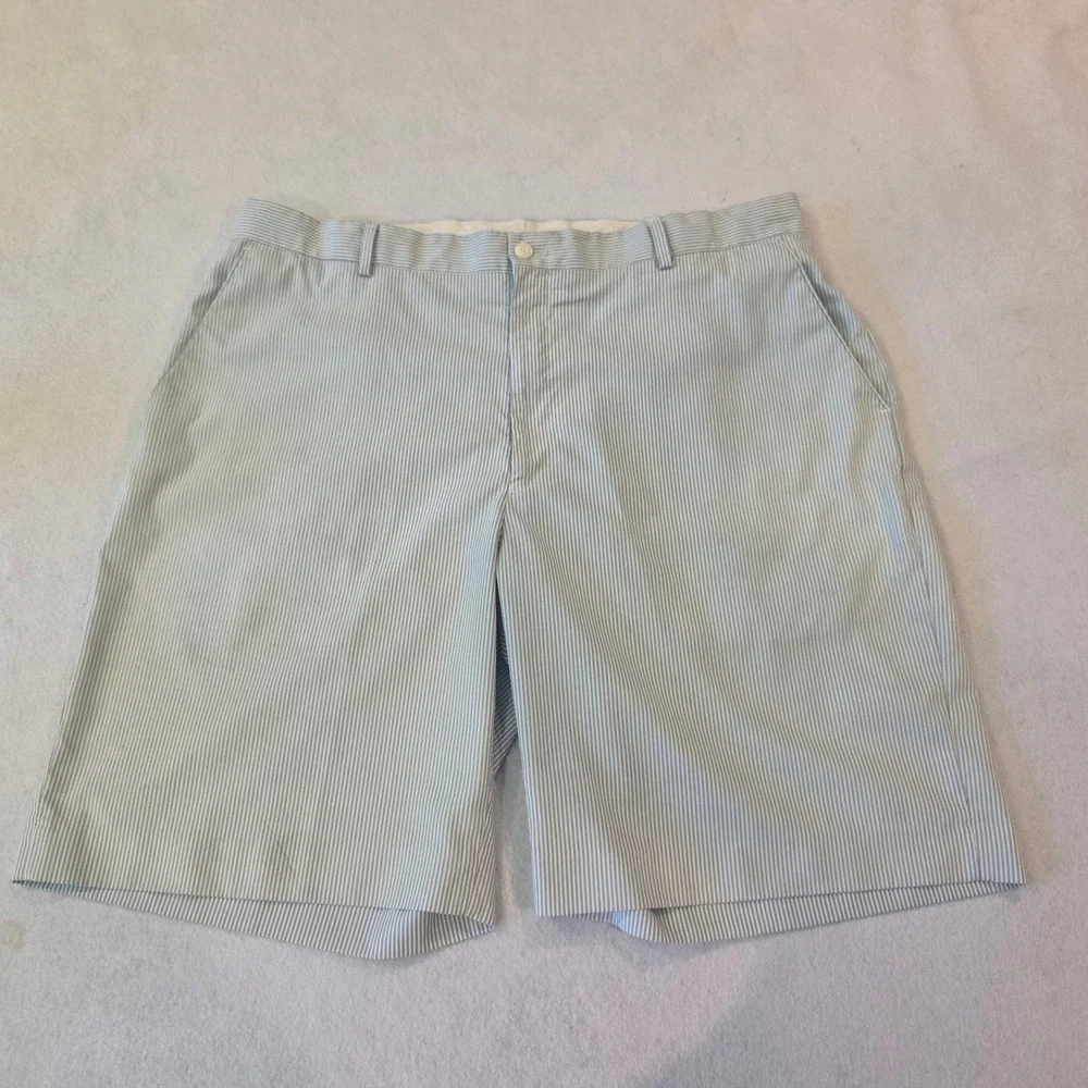 Alan Flusser Golf Mens Blue White Striped Seersucker Shorts Size 38 Performance